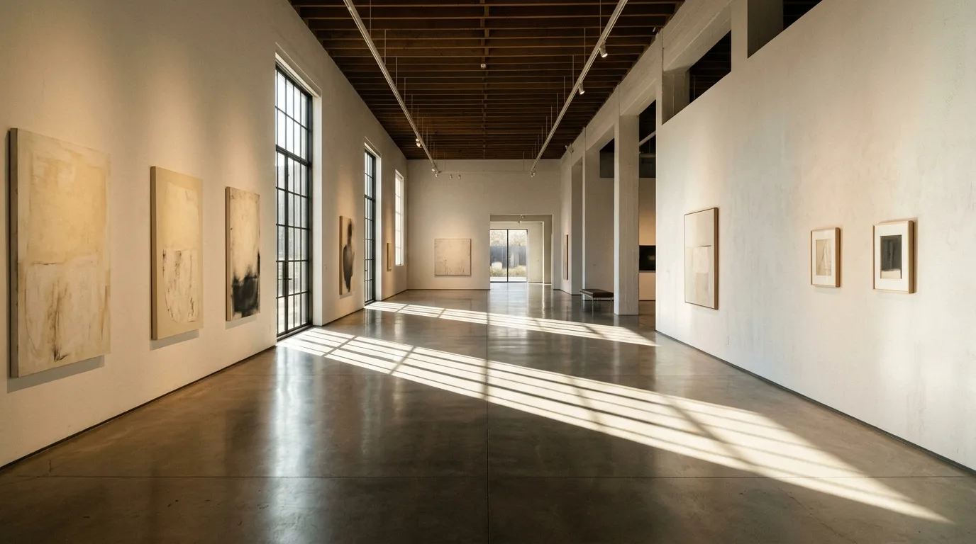 Gallery interior with raking natural light on white walls