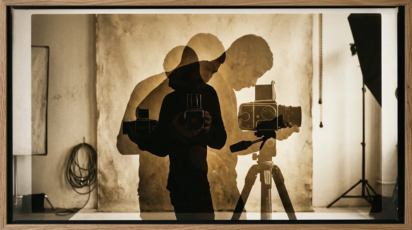 Photographer in minimal studio with overlapping silhouette multiple exposure effect