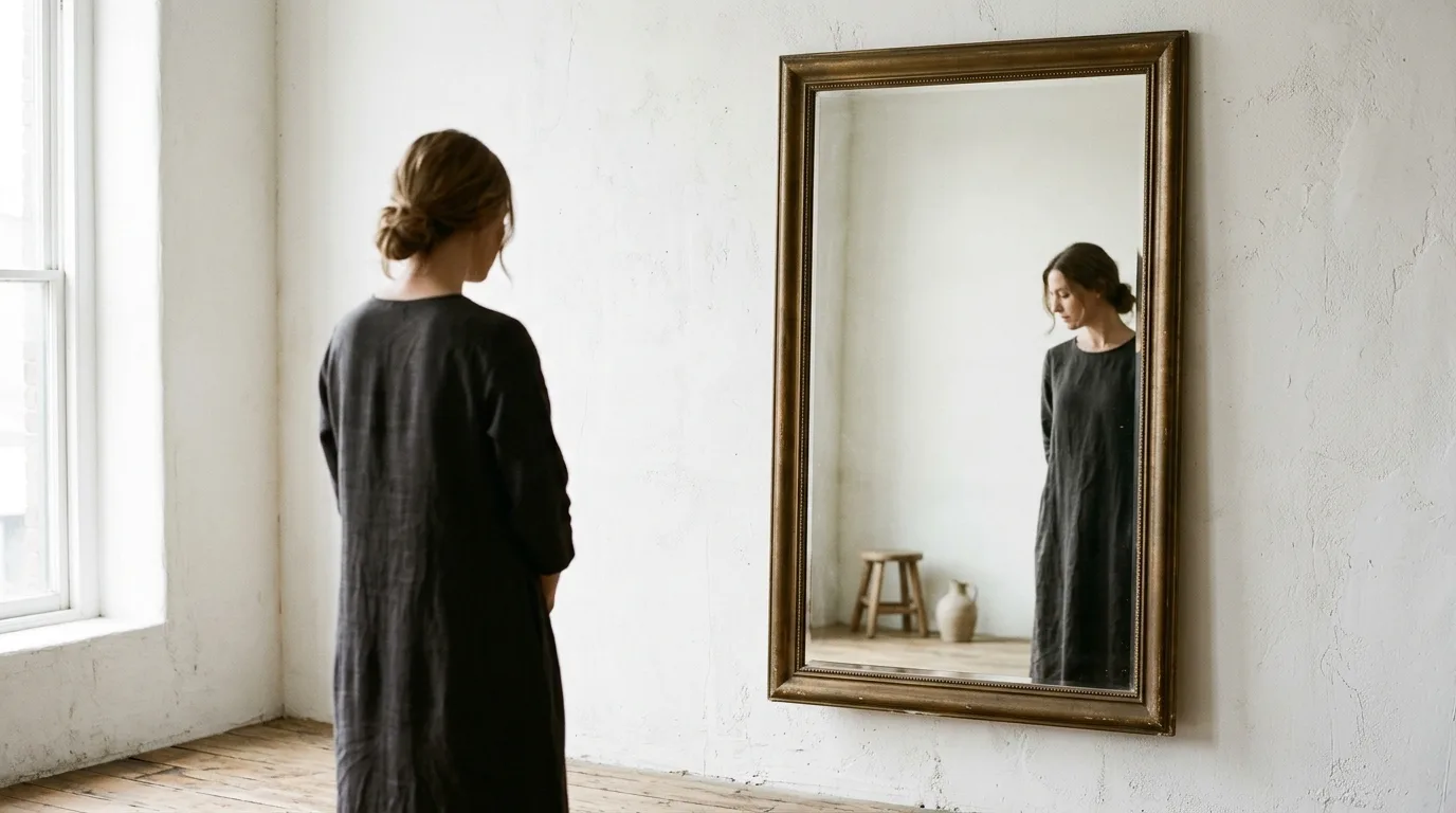 Figure reflected in a large studio mirror, soft natural light, gallery minimal composition