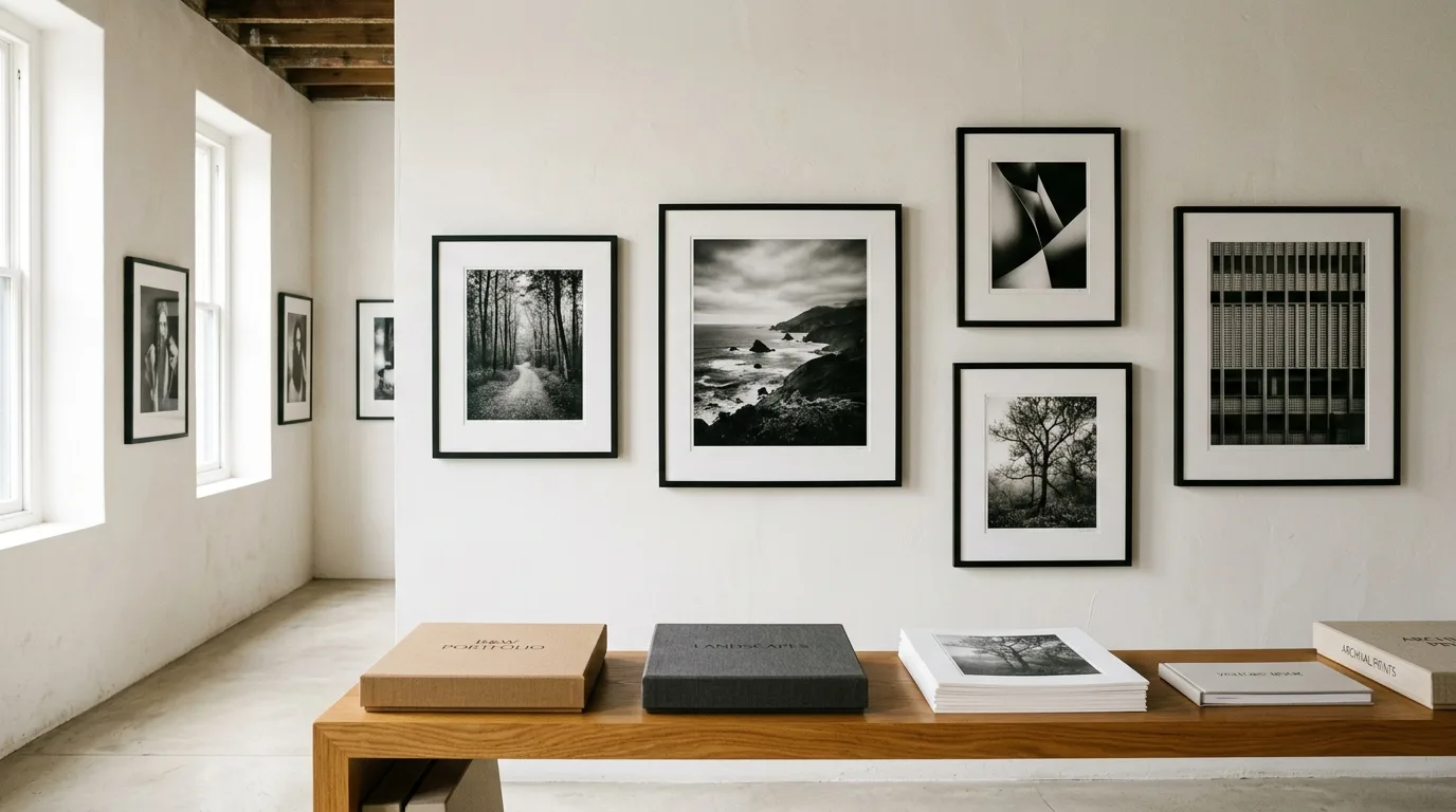 Fine art photographic prints arranged in a clean gallery space with warm white walls